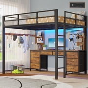 Full Loft Bed with Desk, Metal Loft Bed with 8 Storage Drawers & Charging Station & LED Lights, 4 Open Storage Shelves, Noise-Free, Space-Saving, No Box Spring Needed