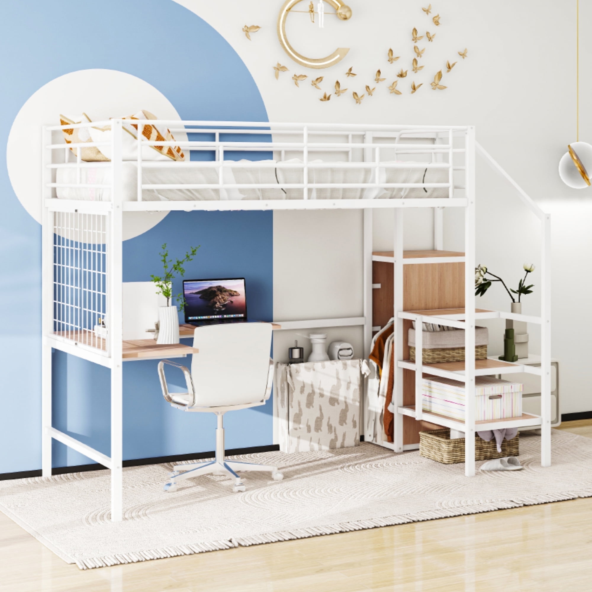 Full Loft Bed with Desk, Metal Loft Bed with Staircase and Wardrobe