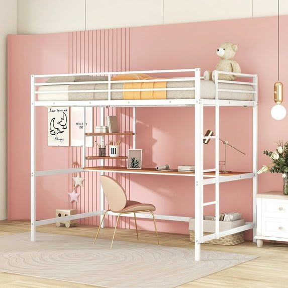 Full Loft Bed with Desk and Shelves, Metal Loft Bed Frame with Full-length Guardrail and 4-Step Ladder for Kids Teens, Loft Bed with Desk Underneath&Storage for Bedroom Dorm, White