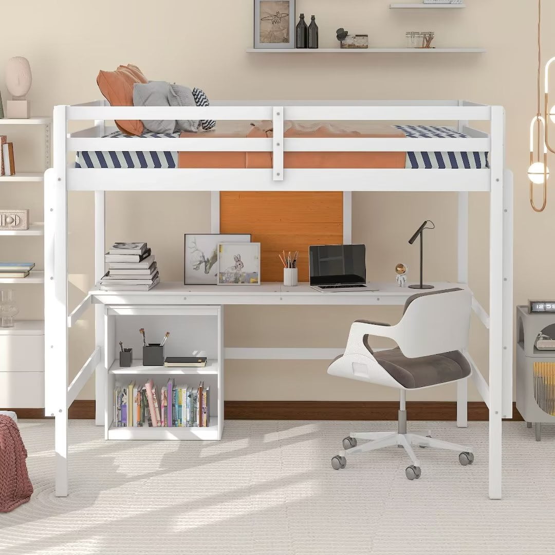 Full Loft Bed with Desk, Storage Shelves and Writing Board, Wood Loft