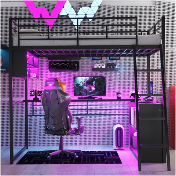 Full Loft Bed Frame with LED Lights, Study Desk & Shelves, Space Saving Metal Bed Platform, Black