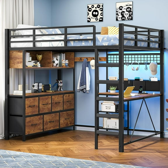 Full Loft Bed with L-Shaped Desk and 7 Drawers, Heavy Duty Metal Loft Bed Frame Full Size with LED Lights, Power Outlet & Bookshelf, Space-Saving Bedroom Furniture for Teens Adults
