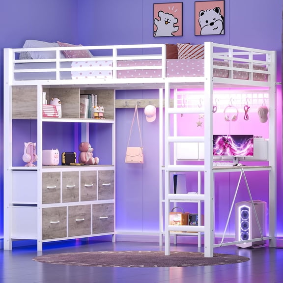 Full Loft Bed with L-Shaped Desk and 7 Drawers, Heavy Duty Metal Loft Bed Frame Full Size with LED Lights, Power Outlet & Bookshelf, Space-Saving Bedroom Furniture for Teens Adults