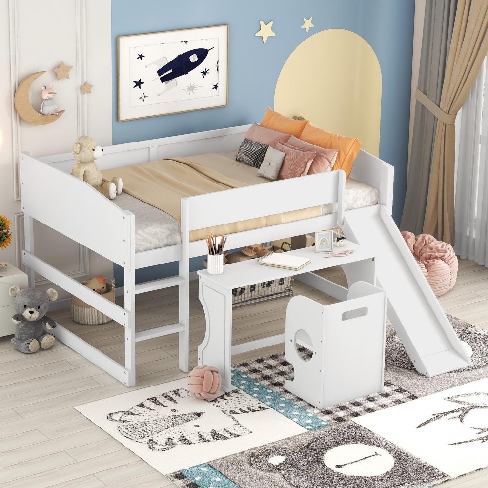 Full Loft Bed with Rolling Portable Desk and Chair, Wooden Low Loft Bed Frame with Slide for