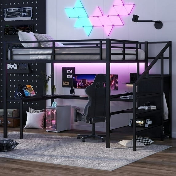 Full Loft Bed with Stairs and Desk, Gaming Bed with LED and USB, Heavy Duty Frame,No Noise,Metal High Loft Bed with Wardrobe and Adjustable Shelf, Black