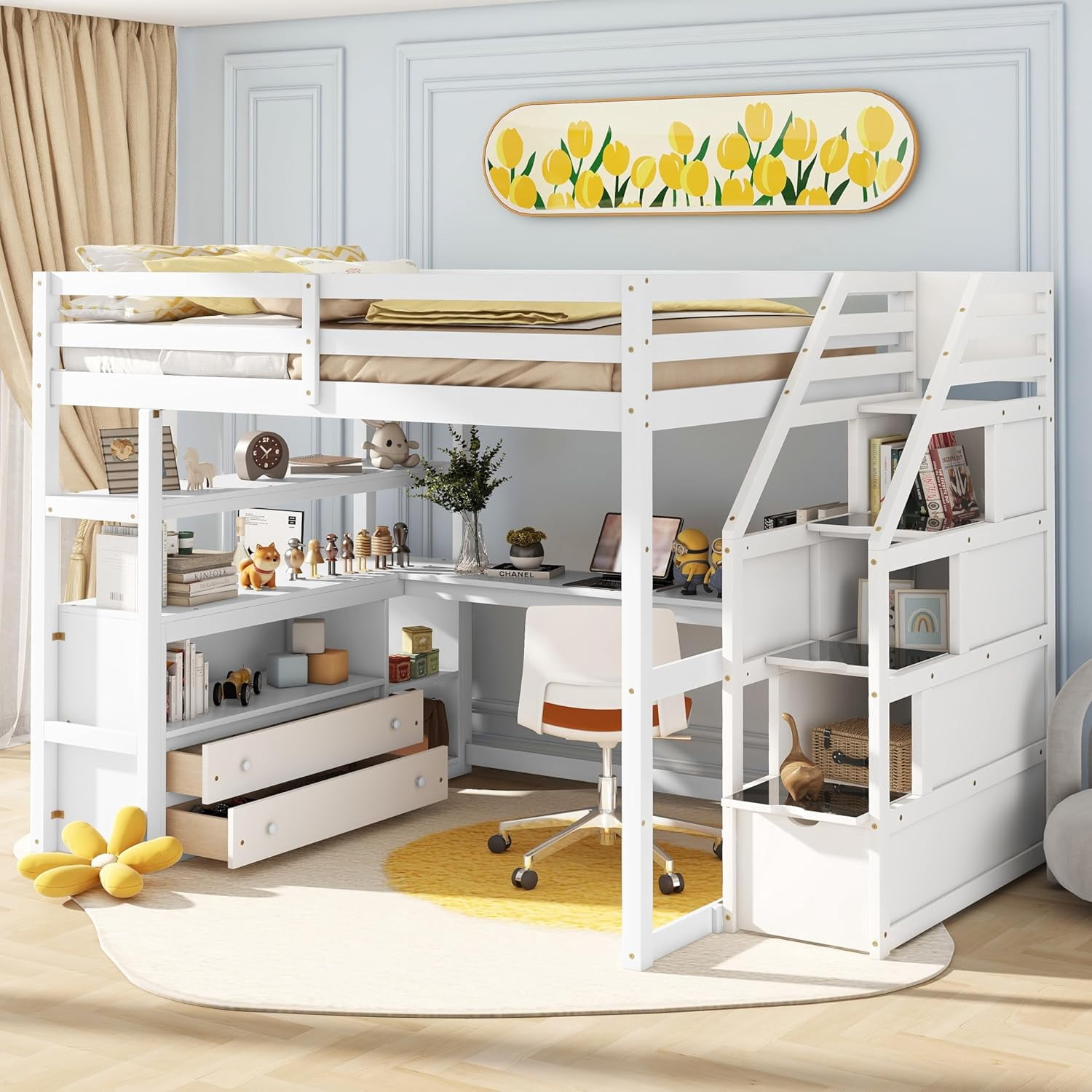 Full Loft Bed with Stairs and Desk, Wood Loft Bed Frame with Storage