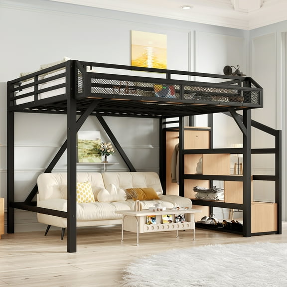 Full Loft Bed with Storage Stairs, Shelves and Built-in Wardrobe, Metal Loft Bed Frame with USB Ports and LED Lights, Noise-reduced Design, Natural Wood