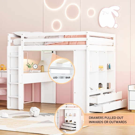 Full Loft Bed With Diverse Shelves, Desk, And Led Illumination - White Solid Wood Generous Space Lamp