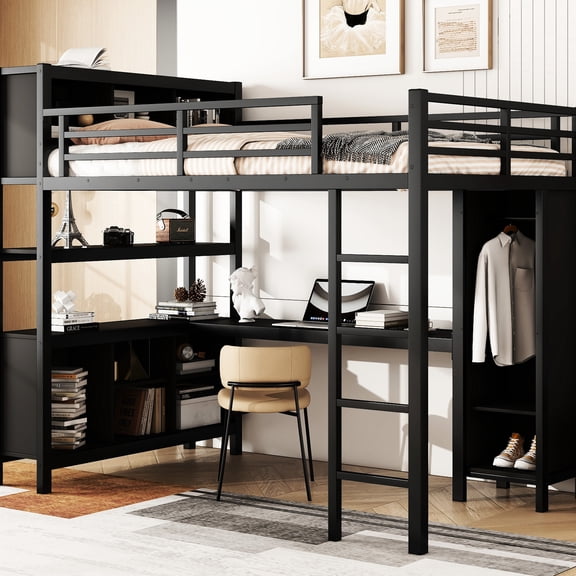 Full Loft Bed With L-shaped Desk And Wardrobe In Black Metal, Storage For Teens Adults Size Metal & Storage, Black, Adults, Heavy Duty