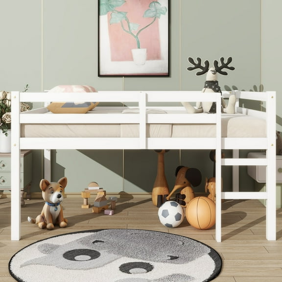 Full Loft Bed with Ladder, Low Loft Bed, Rubber Wooden Loft Bed Frame with Full-Length Guardrail, Bed Platform of Strengthened Slats, White