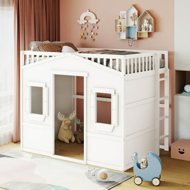 Full Loft Bed with Ladder, Wood House Loft Bed Frame with Guardrail for Kids, Teens, and Adults, NO Box Springs Required, White