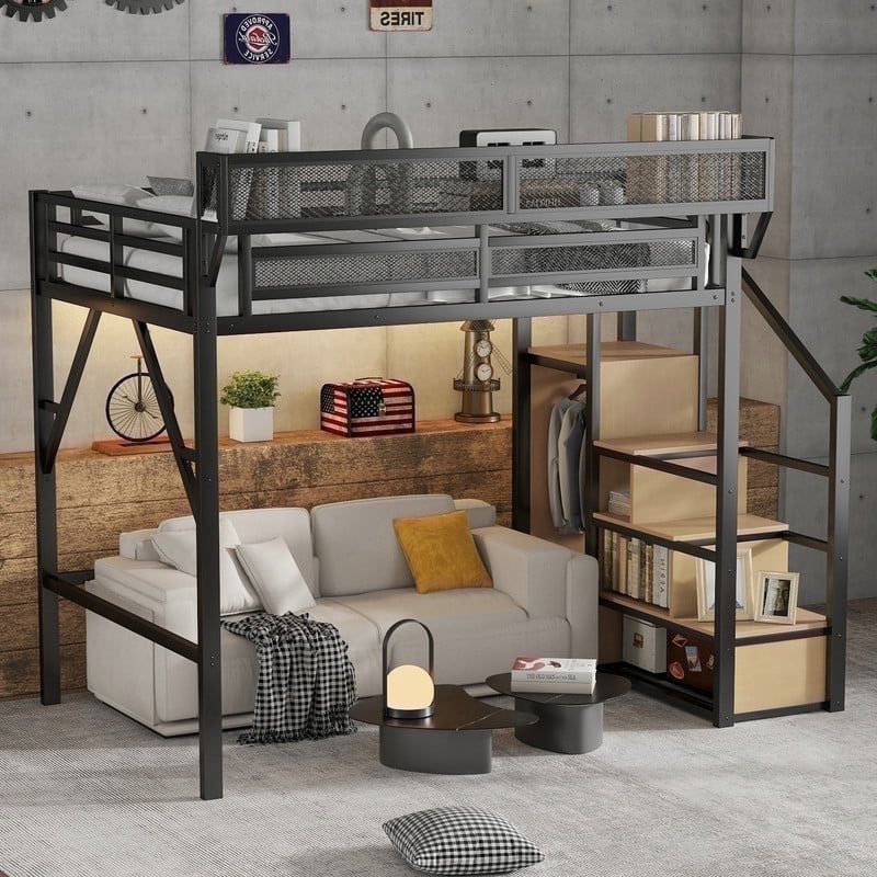Mirightone Full Loft Bed with Storage Shelves, Metal Loft Bed with ...