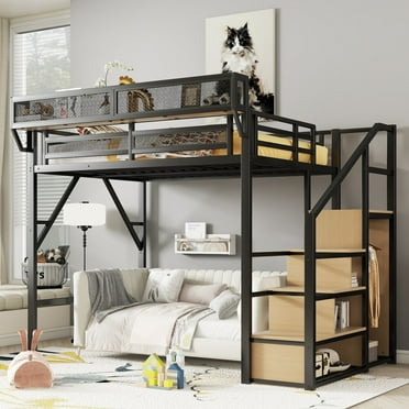 Full Loft Bed with Storage Shelves, Metal Loft Bed with Stairs, Heavy Duty High Loft Bed with Wardrobe for Teens Adults, Black