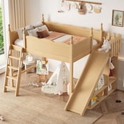 Full Loft Bed with Storage Shelves and Cabinet, Solid Wood Loft Beds with Detachable Slide and Ladders, No Spring Box Needed, Natural