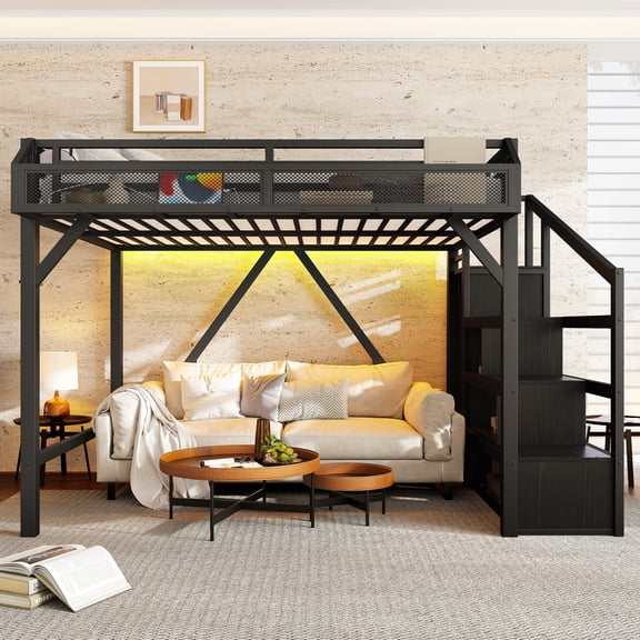 Full Loft Bed with Storage Stairs, Shelves and Built-in Wardrobe, Metal Loft Bed Frame w