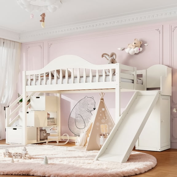 Full Loft Bed with Storage Stairs, Slide & Built-in Wardrobe, Stylish High Guardrail,wood Loft Bed Frame for Bedroom,dorms,guests