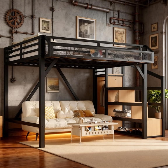 Full Loft Beds with Storage Wardrobe and Beside Shelves, Metal Loft Bed Full with Stairs, LED Lights and USB Ports, Heavy-duty Loft Bed Frame for Teens, Adults, Noise-free and Space-saving, Black