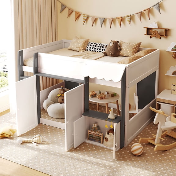 Full Loft House Bed with Storage, Modern Wood Cabin Bed, White+Gray