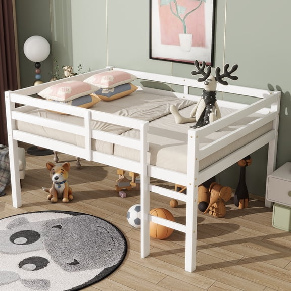 Full Low Loft Bed Frame, Solid Wood Elevated Bed with Guardrail, Space Saving Loft Bed for Bedroom, White