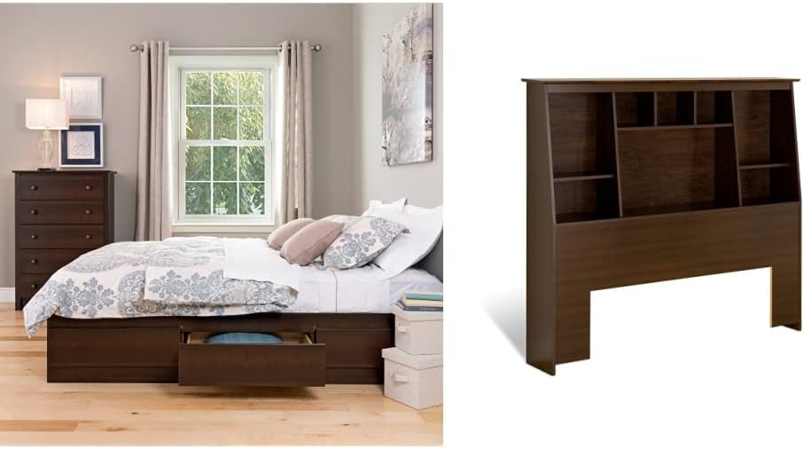 Full Mate's Platform Storage Bed with 6 Drawers, & Full/Queen Tall SlantBack Bookcase Headboard
