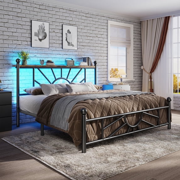 Full Metal Bed Frame with LED Light,Headboard & Footboard,Under Bed Storage,Noise-Free Design,Easy Assembly,No Box Spring Needed, Black