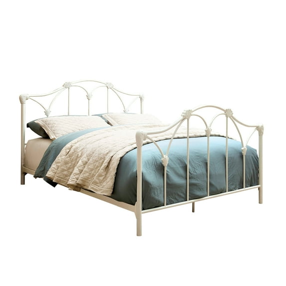 Full Metal Bed with Flower Accents, White