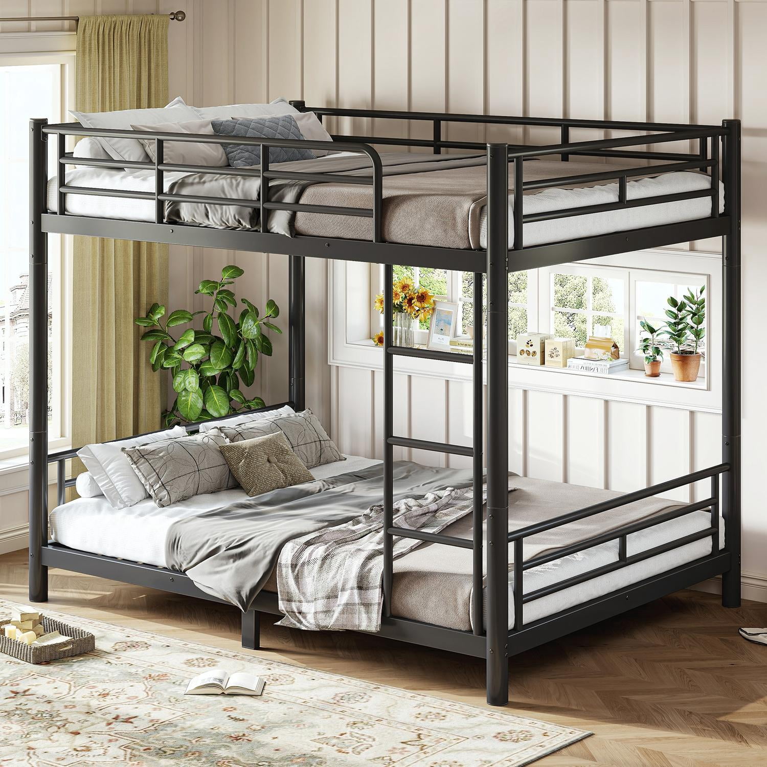 Full Metal Bunk Bed Converts to 2 Beds, Space-Saving Convertible Bed Frame for Teens Adults, No Box Spring, Black