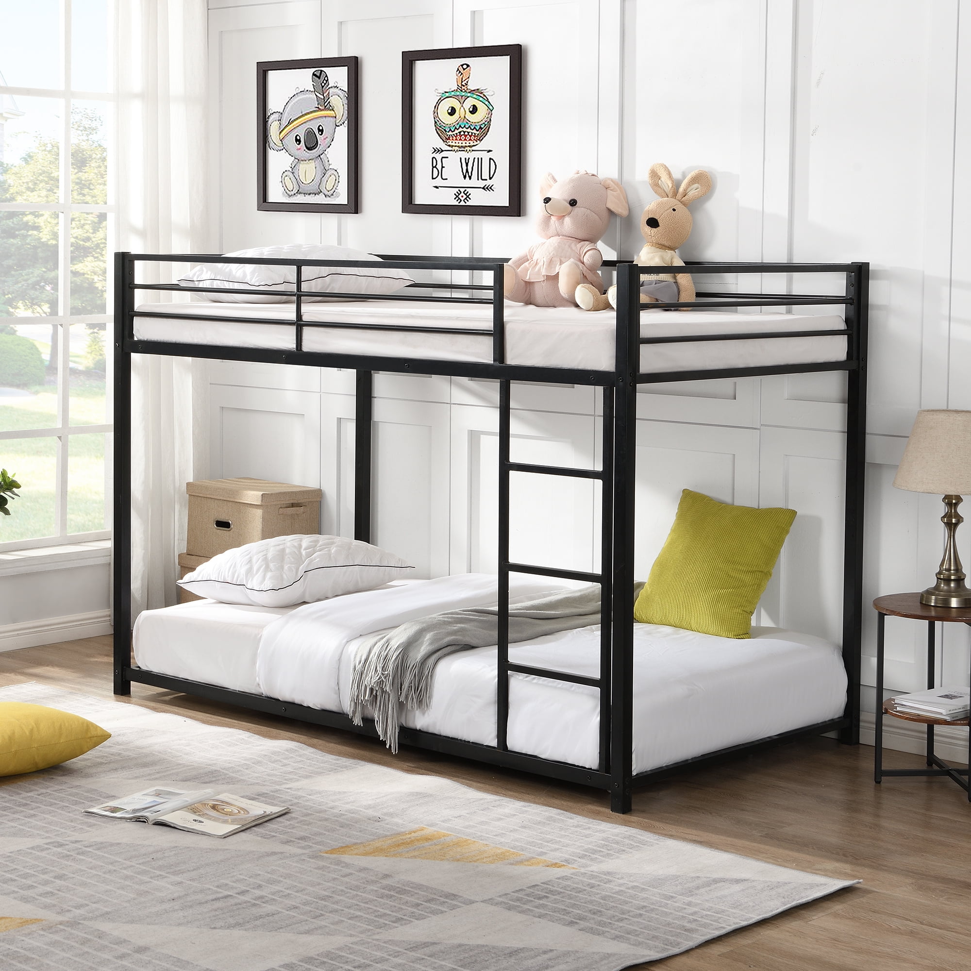Full over Full Metal Bunk Bed with Ladder and Fulllength Guardrail