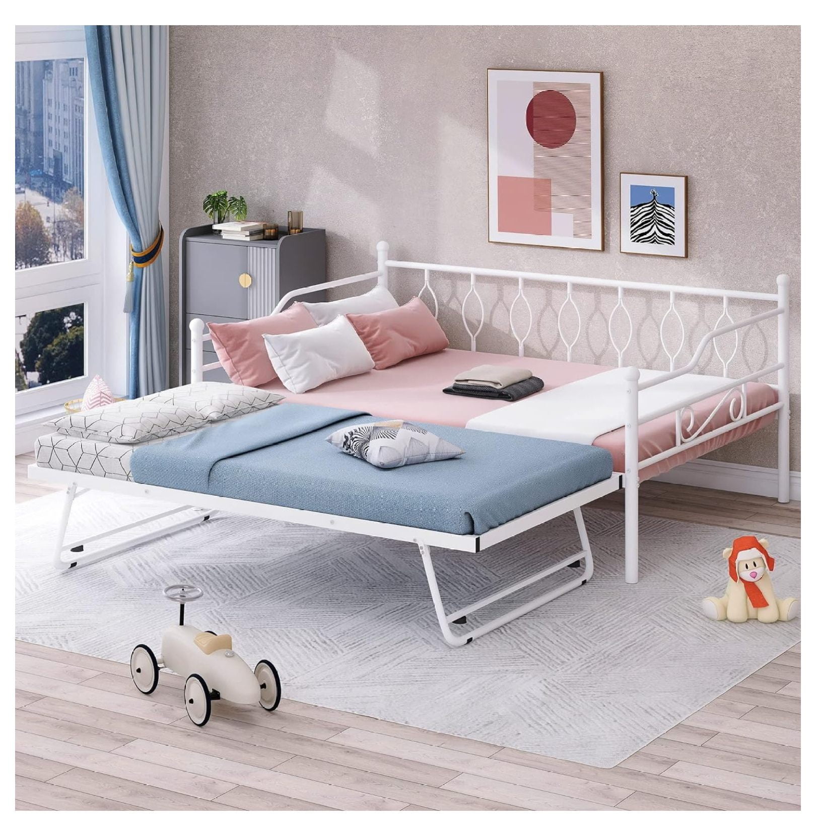 Full Metal Daybed with Adjustable Trundle, HeavyDuty Steel Full Size