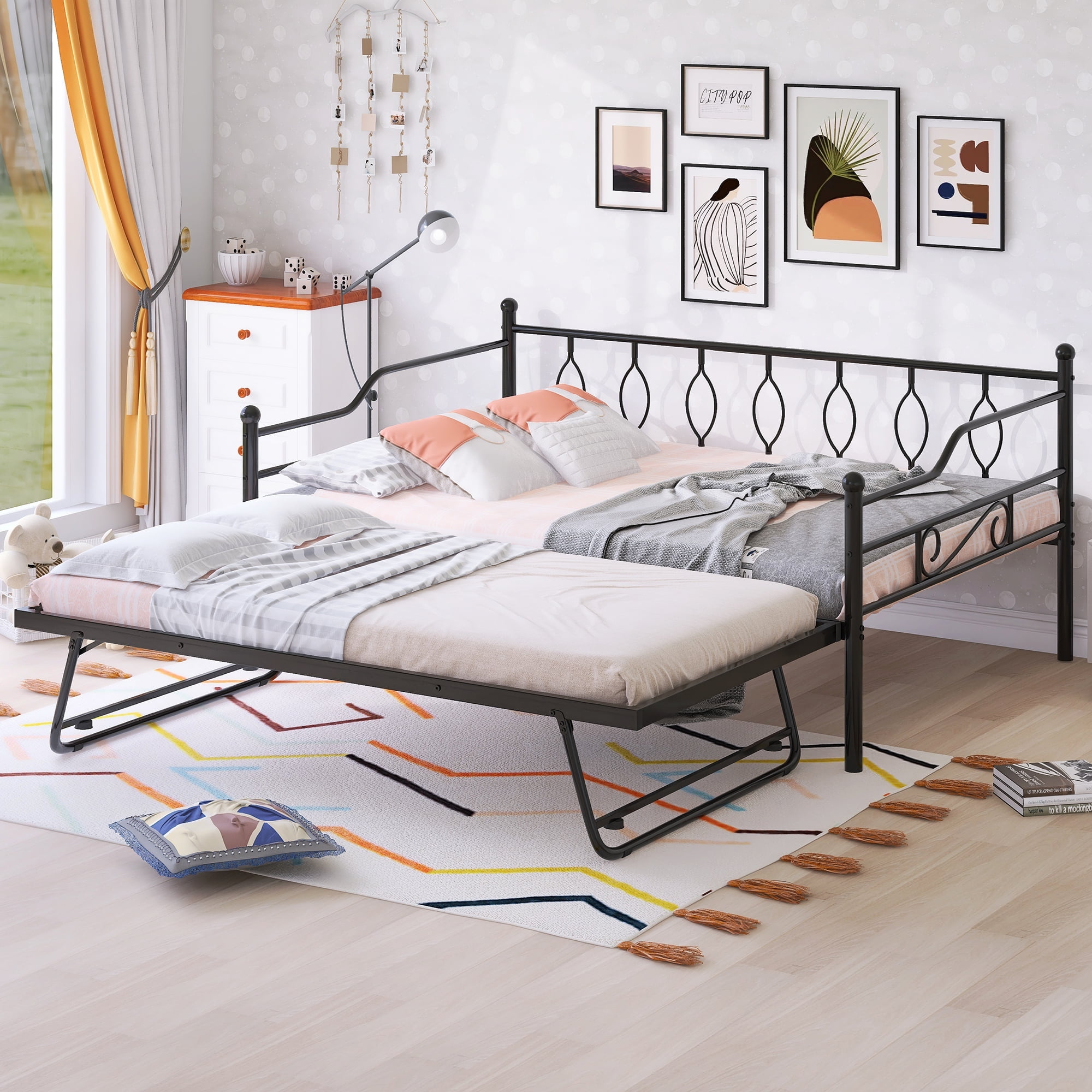 Full Metal Daybed with Pop Up Trundle Bed, HeavyDuty Steel Daybed for