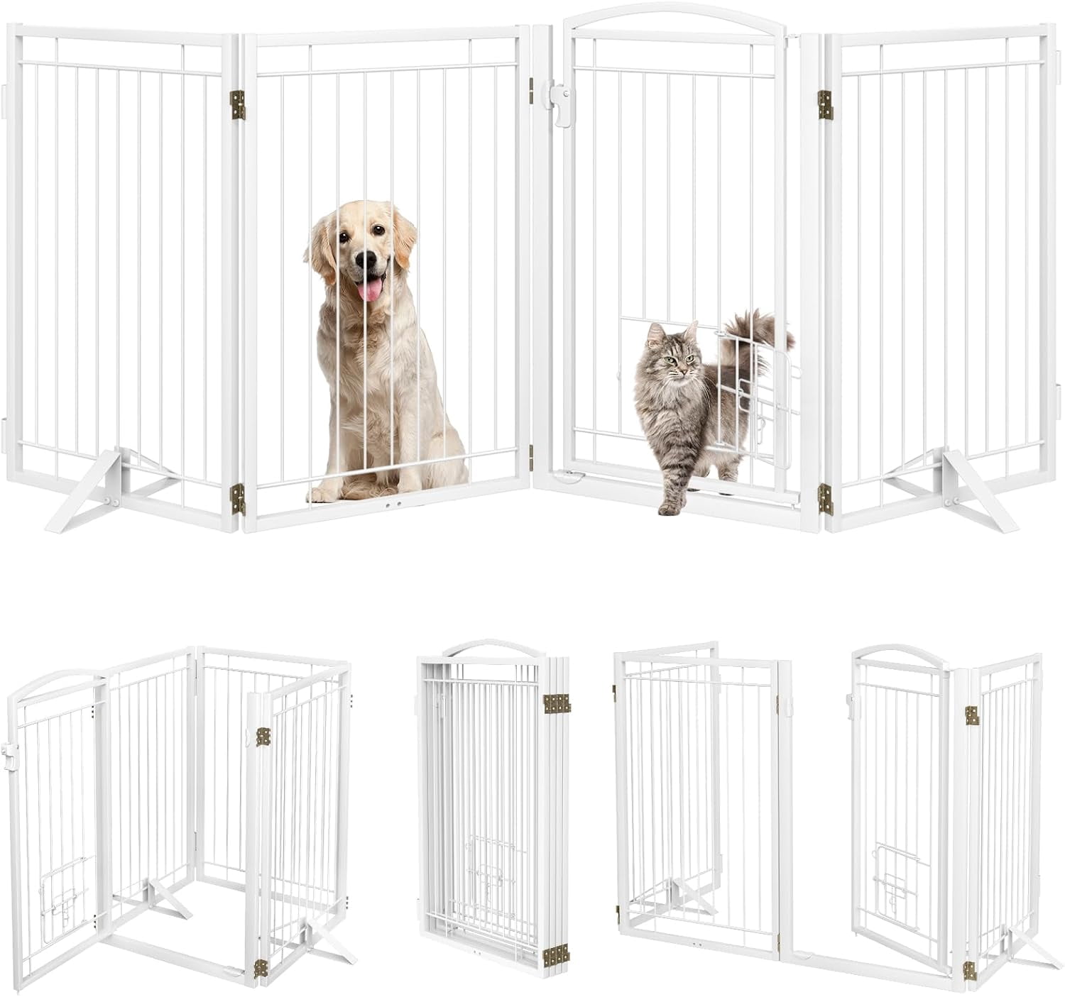 Full Metal Freestanding Dog Gate with Cat Door for Indoor & Outdoor,32" Tall Foldable Dog Fence,80" Extra Wide Freestanding Pet Gate for Large Openings,Stairs,Deck,Yard,Doorways