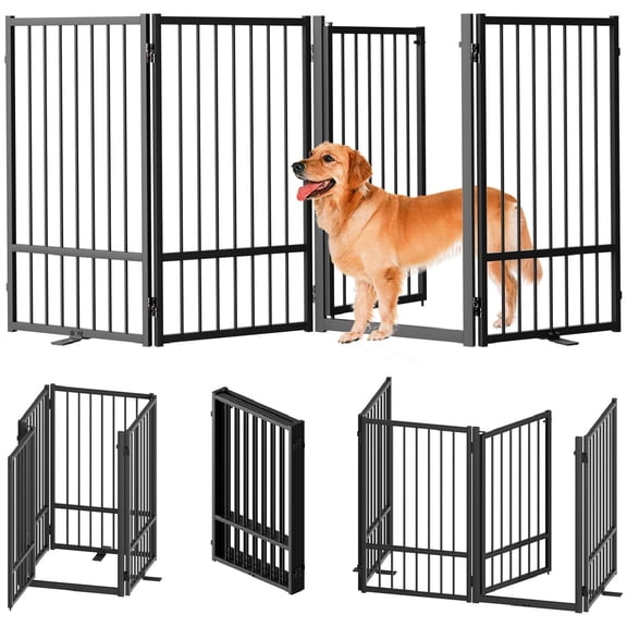 Full Metal Freestanding Dog Gate with Door, 32''Height Foldable Pet Dog Fence for Indoor & Outdoor, 4 Panels Extra Wide Free Standing Tall Dog Gates for Doorways,House,Stairs,Porch,Deck,Yard