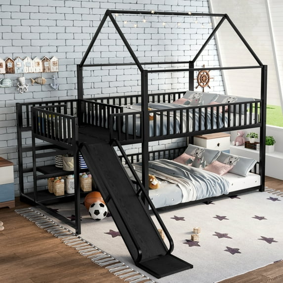 Full Metal House Bunk Bed with Storage Stairs, Slide, Safety Rails, Black