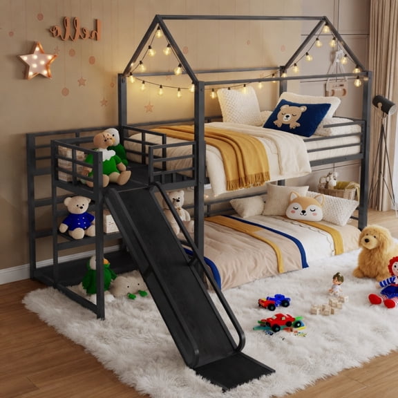 Full Metal House Bunk Bed with Storage Stairs and Slide, House-Shaped Loft Bed with Safety Rails, Black