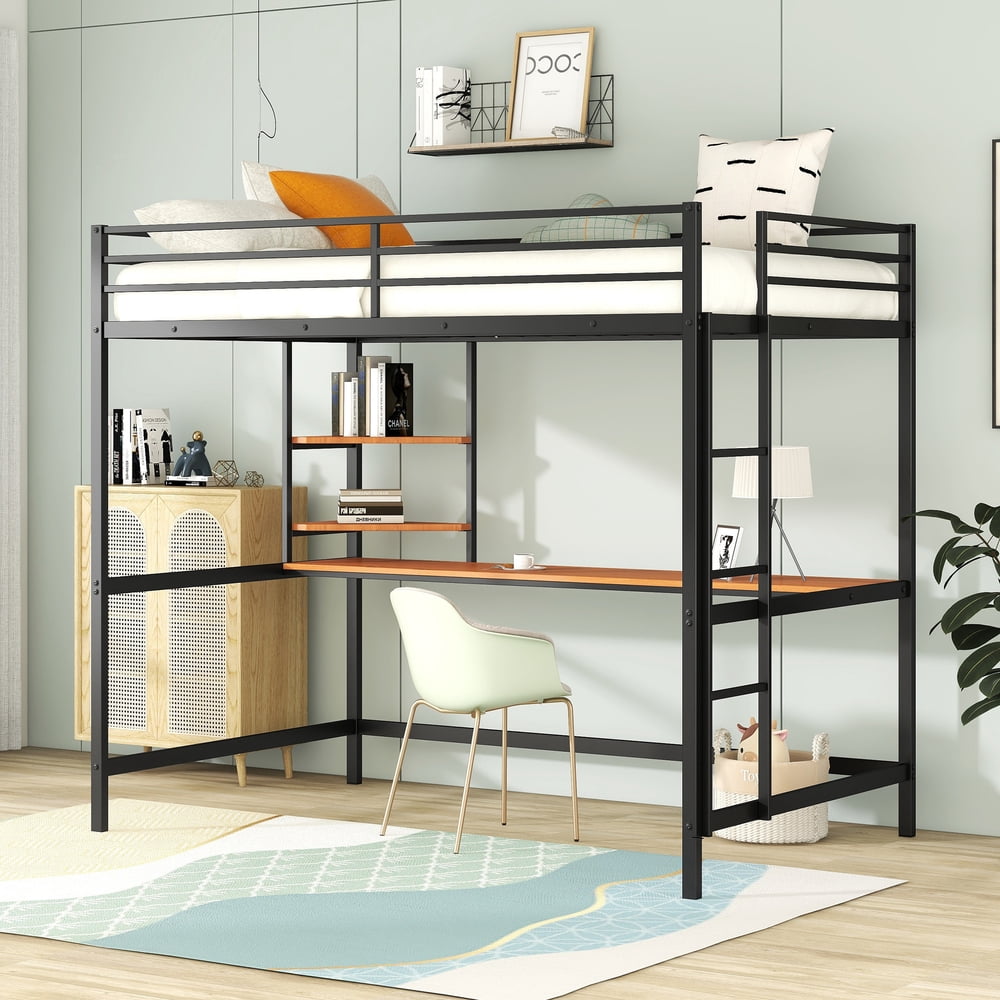 Full Metal Loft Bed with Desk and Shelve,Heavy Duty Bedframe with