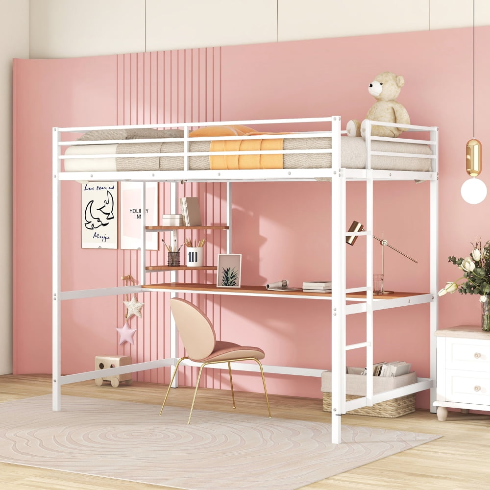 Full Metal Loft Bed with Desk and Shelve,Heavy Duty Bedframe with Ladder,Loft Bed Frame with