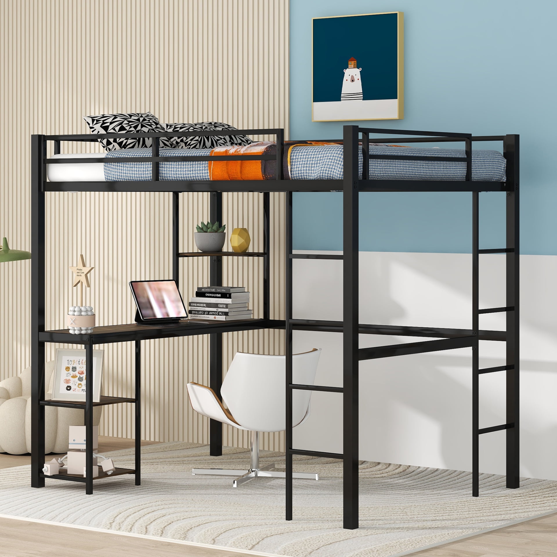 Full Metal Loft Bed with Desk, Shelves & 2 Ladders Secure Guardrails