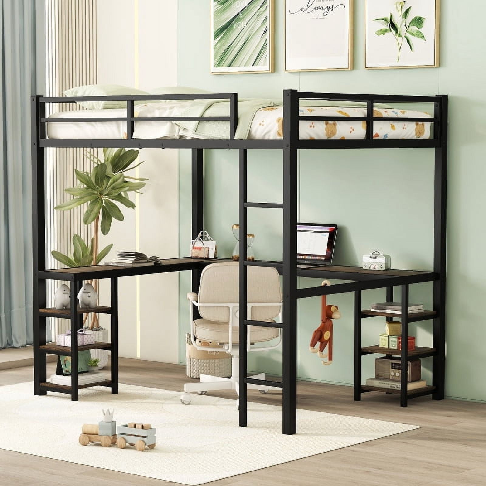 Full Metal Loft Bed with Desk and Shelves, Loft Bed with Ladder and ...