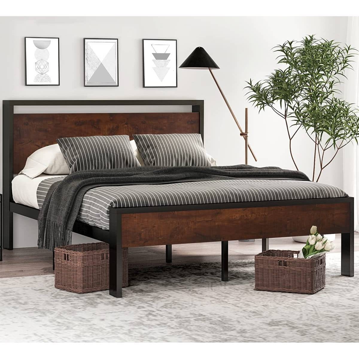 Full Metal Platform Bed Frame with Mahogany Wood Panel Headboard ...