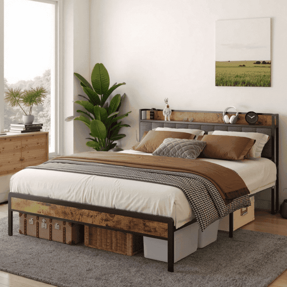 Full Metal Platform Bed Frame with Storage Headboard – Max Underbed Space, Easy Assembly, Dark Grey