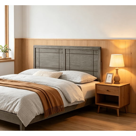 Full Modern Rubberwood and MDF Headboard, 22.5" H x 56" W, Gray Finish, Window Pane Design, Durable, Fits Billie and Margo Bed Frames