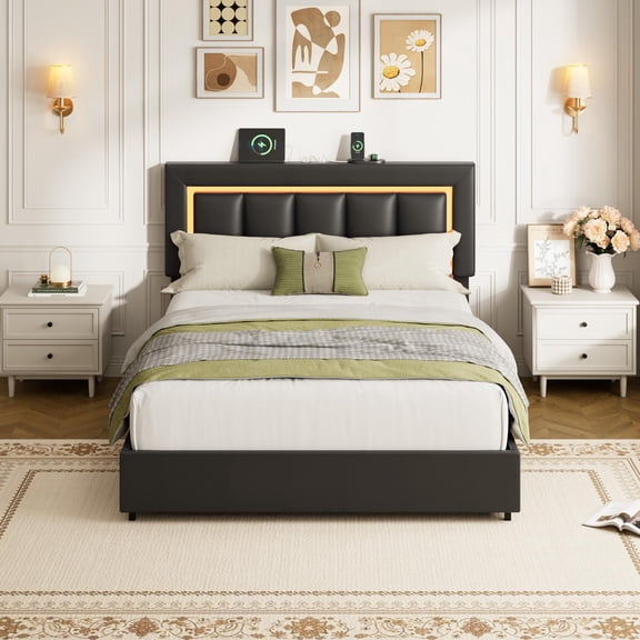 Full Modern Storage Bed Frame with LED Headboard & Storage Drawers,Space Saving Upholstered Bed, Black