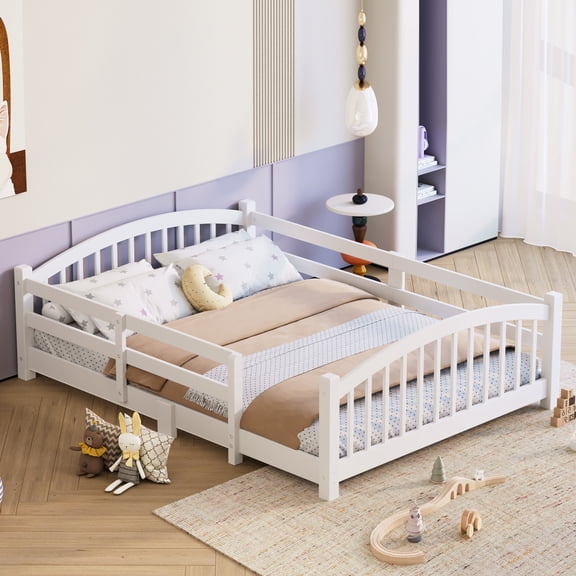Full Montessori Floor Bed with Slats and Safety Guardrails, Solid Wood Floor Bed with Fence and Without Door, Easy Assemble Montessori Bed for Girls and Boys, Natural
