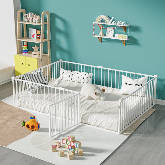 Full Montessori Floor Bed with 20.6" High Safety Fence & Anti-Collision Cotton, Durable Metal Frame for Toddlers' Sleep & Play, White