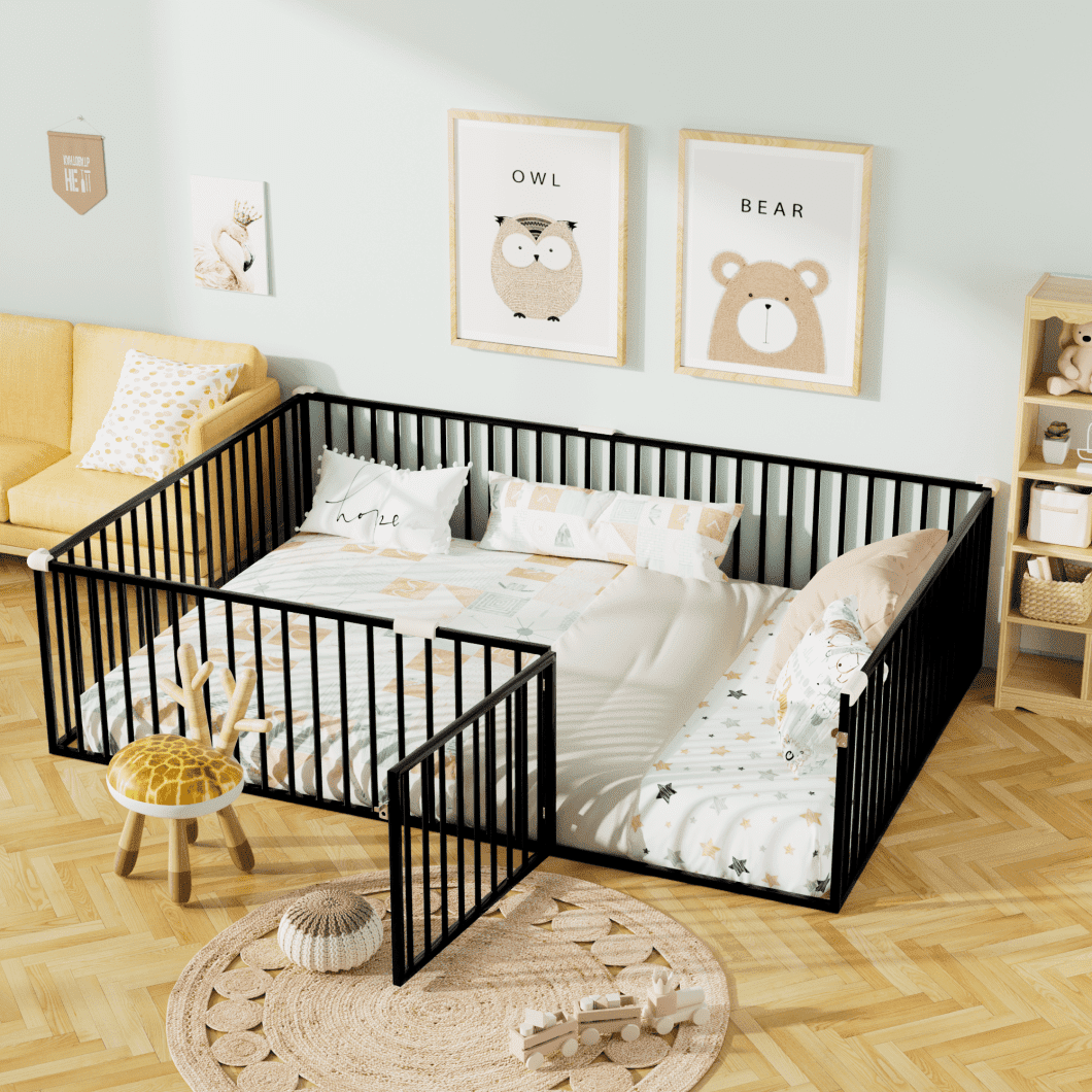 Full Size Metal Floor Bed Frame with Fence and Door, Montessori Bedframe, No Box Spring Needed, Easy to Install, Black