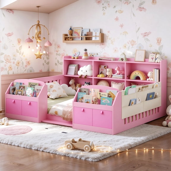 Full Montessori Floor Bed with High Safety Rails, Bed Frame with Storage Bookcase& Shelves& Fabric Drawers, Sturdy Wooden Platform Bed Frame, Pink