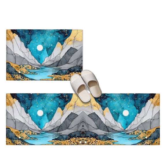 Full Moon 2 Pieces Non-Slip Kitchen Mat Set, Nature Icy Mountains River Modern Soft Door Mat with Rubber Backing, Dirtproof Rugs for Entrance Doorway, 23.6x35.4in+23.6x70.9in