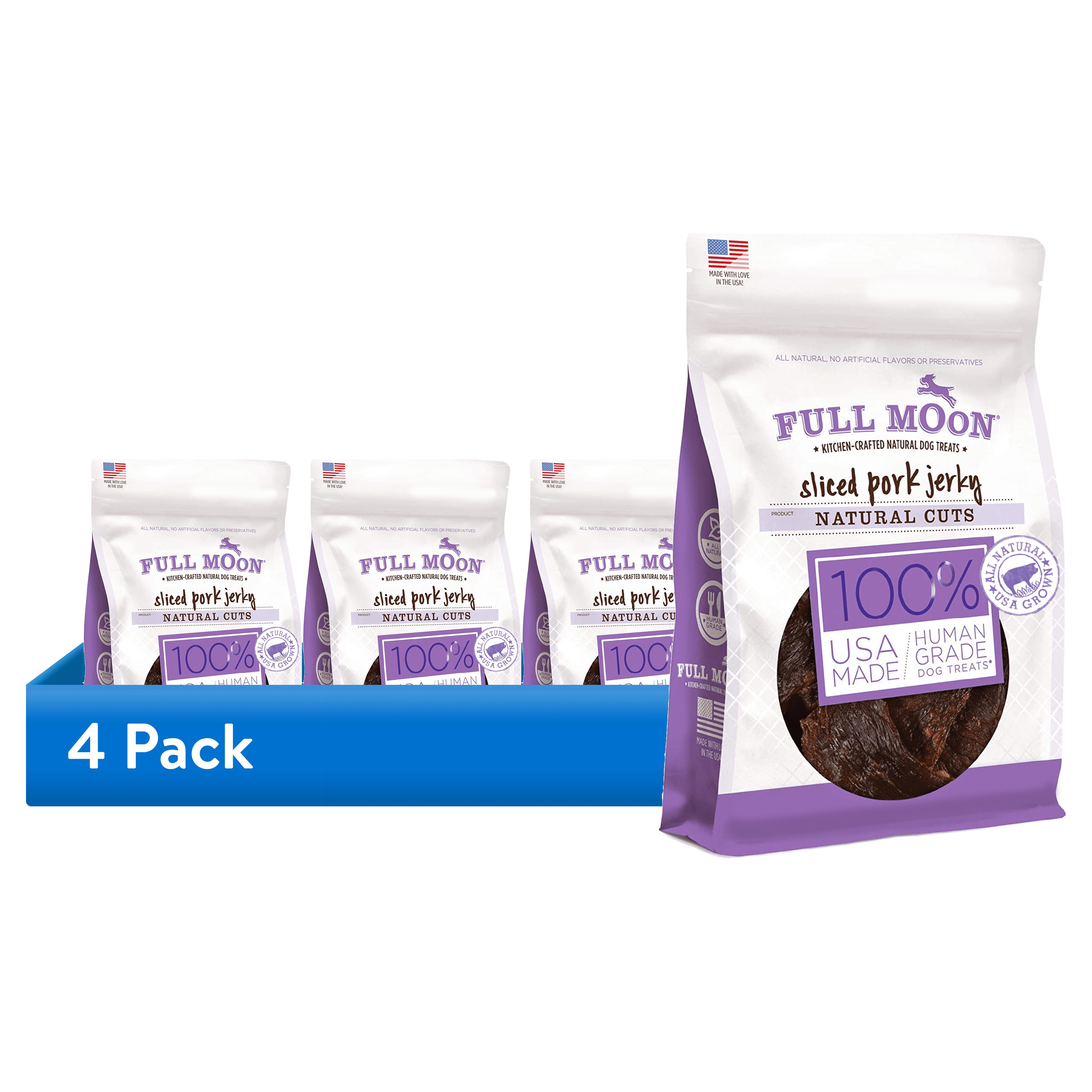 (4 pack) Full Moon All Natural Human Grade Dog Treats, Natural Cut Jerky, Sliced Pork , 10 Ounces