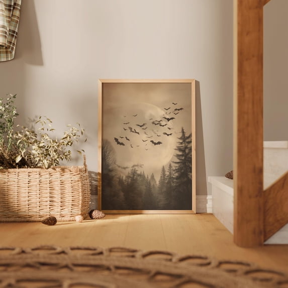 Full Moon Bats Vintage Halloween Wall Art | Moody Dark Academia Autumn Decor | Gothic Night Sky Print, 32x48 UNFRAMED