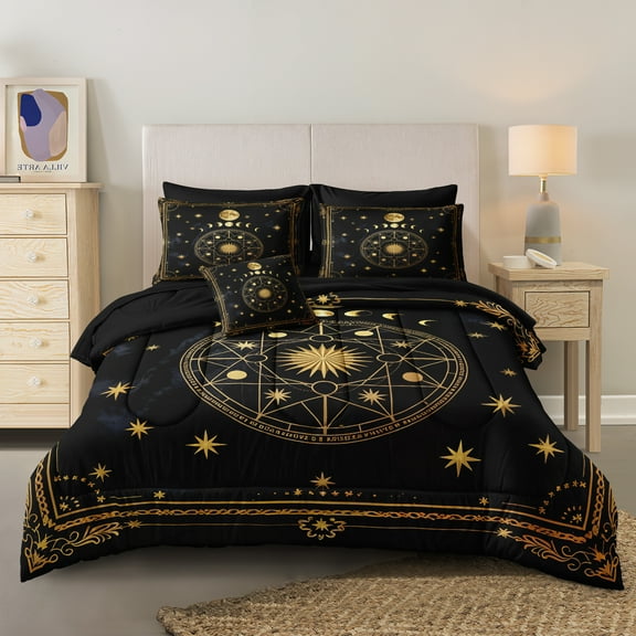 Full Moon Bed in a Bag Black Gold Magic Psychedelic Celestial Comforter Set Queen Size,Stars Interplanetary Bedding Galaxy Comforter Set for Girls Women,Gothic Mystic Bedding for Room Decor